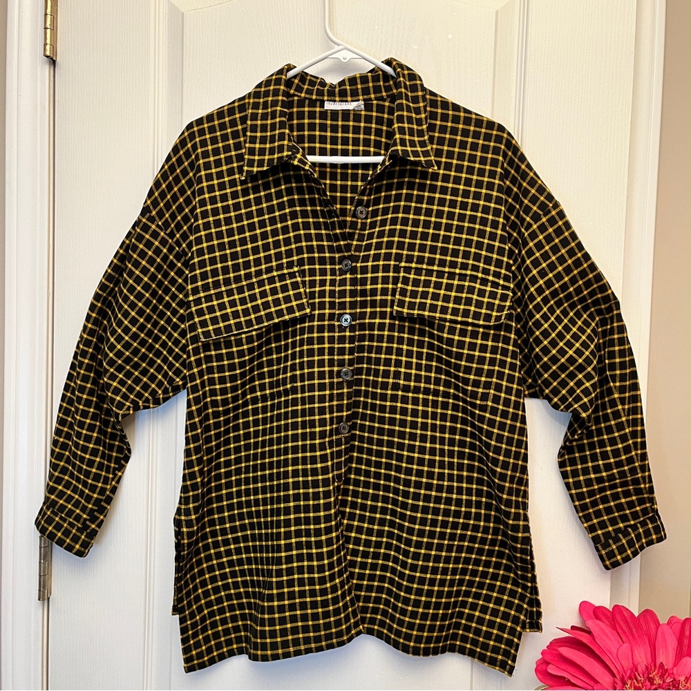 Vintage Henri Bendel Plaid Button-Up Shirt Black & Yellow Gold S - Picture 2 of 10